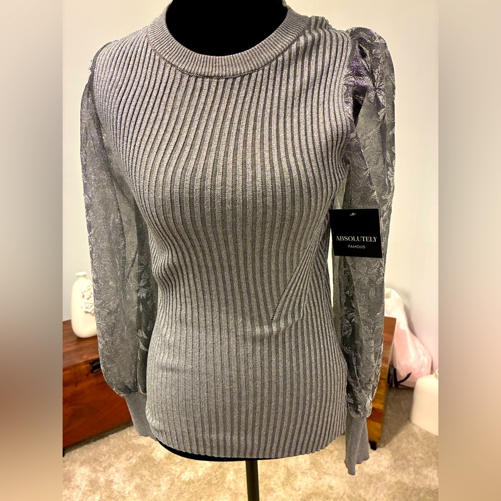 Absolutely Famous Metallic Sweater with Sheer Details by Cato.